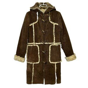 Y2K Leather Suede Coat Womens Small Boho Toggle Penny Lane Hipster Brown